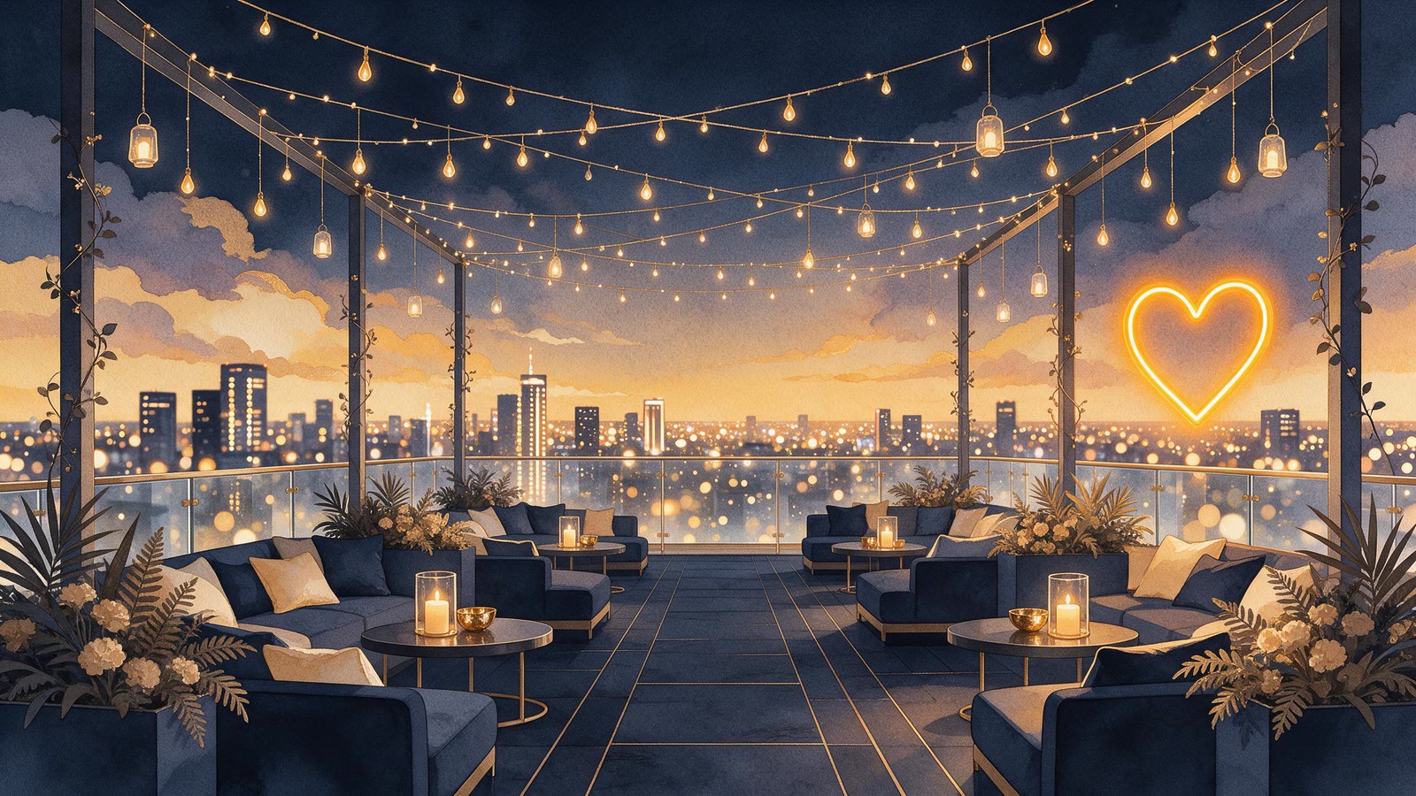 An illustrated rooftop mandap thirty-four floors above a lit city skyline at night